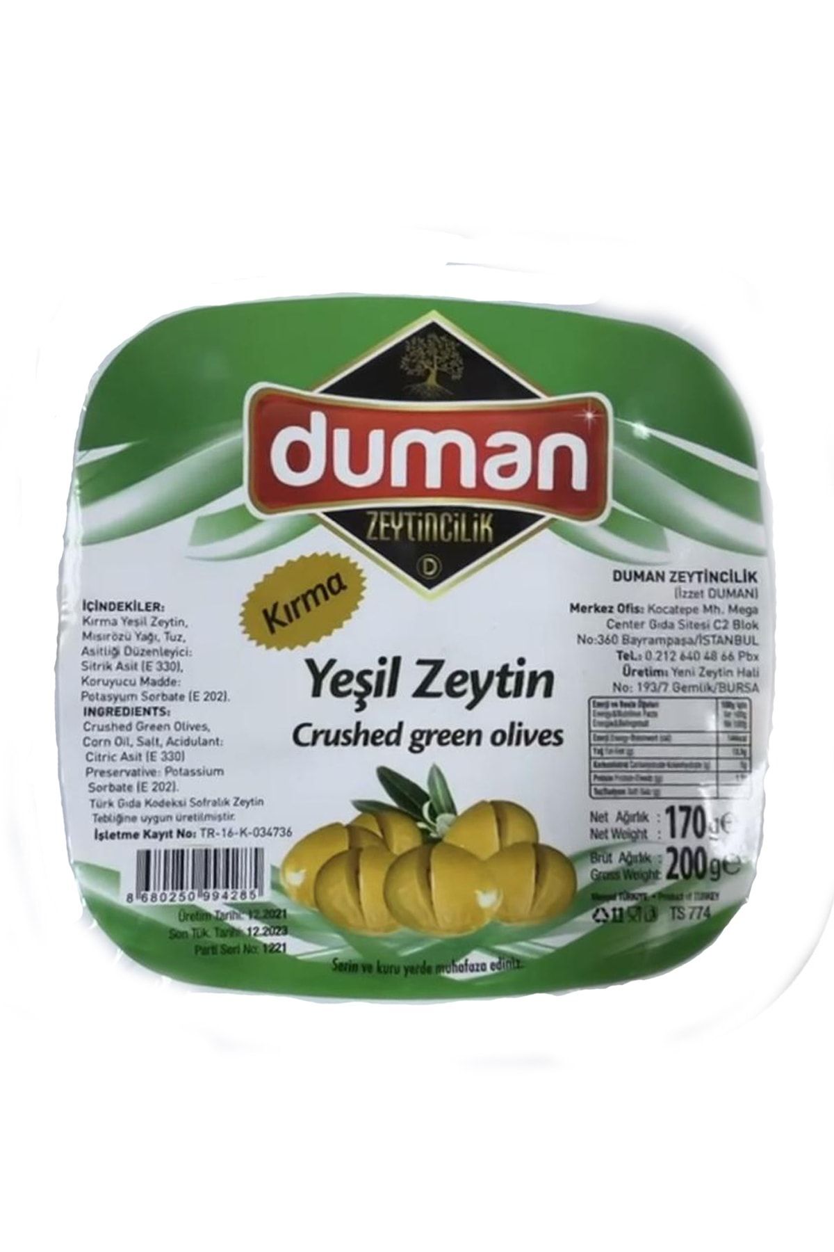 Duman Gurme Kırma Yeşil Zeytin 200 GR
