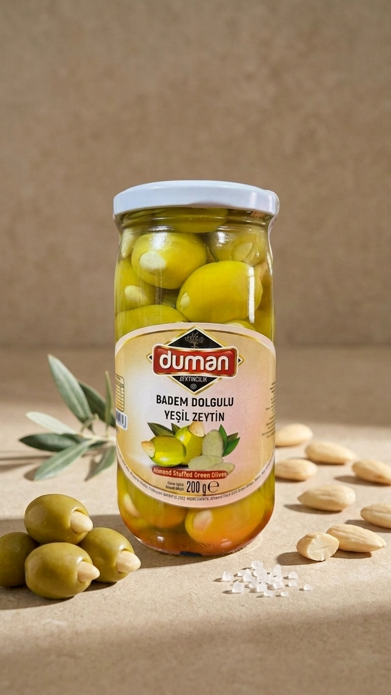 Badem Dolgulu Yeşil Zeytin 320cc Cam Kavanoz – İri Taneli Gurme Zeytin
