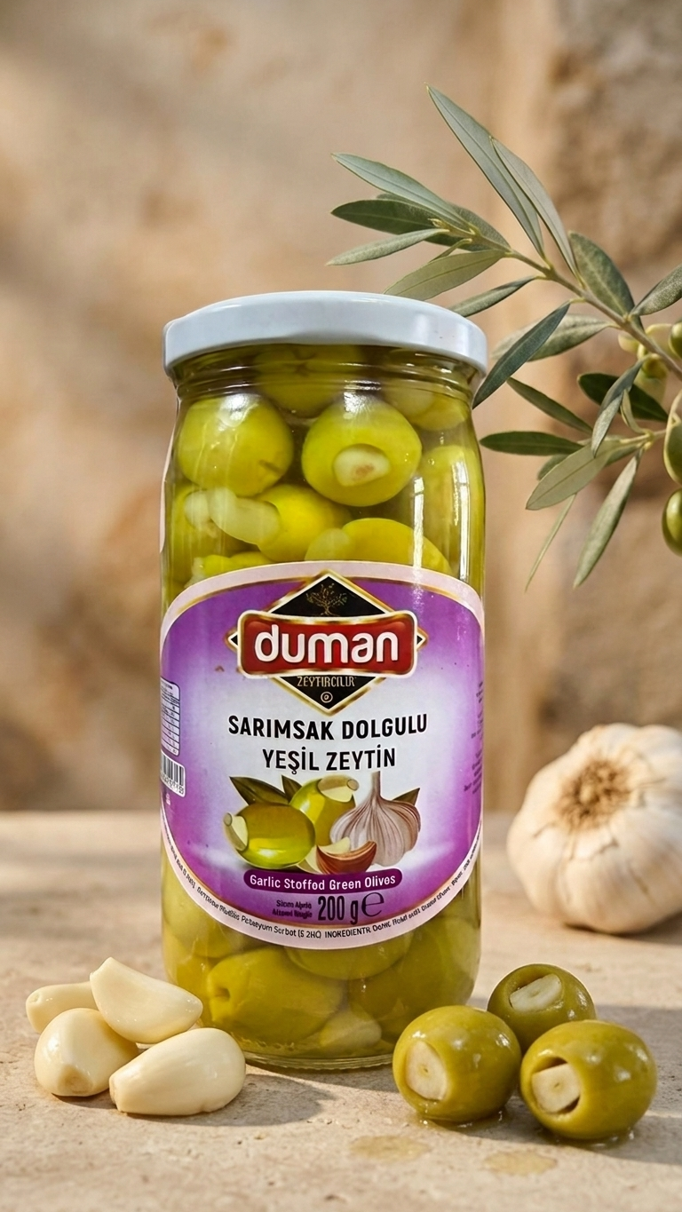 Sarımsak Dolgulu Yeşil Zeytin 320cc Cam Kavanoz – Yoğun Aromalı Zeytin