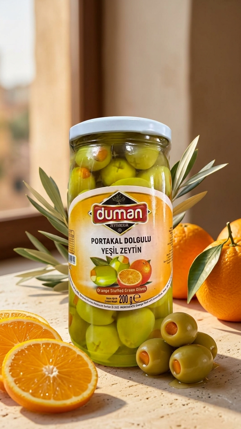Portakal Dolgulu Yeşil Zeytin 320cc Cam Kavanoz – Tatlı Ekşi Aromalı Gurme Zeytin