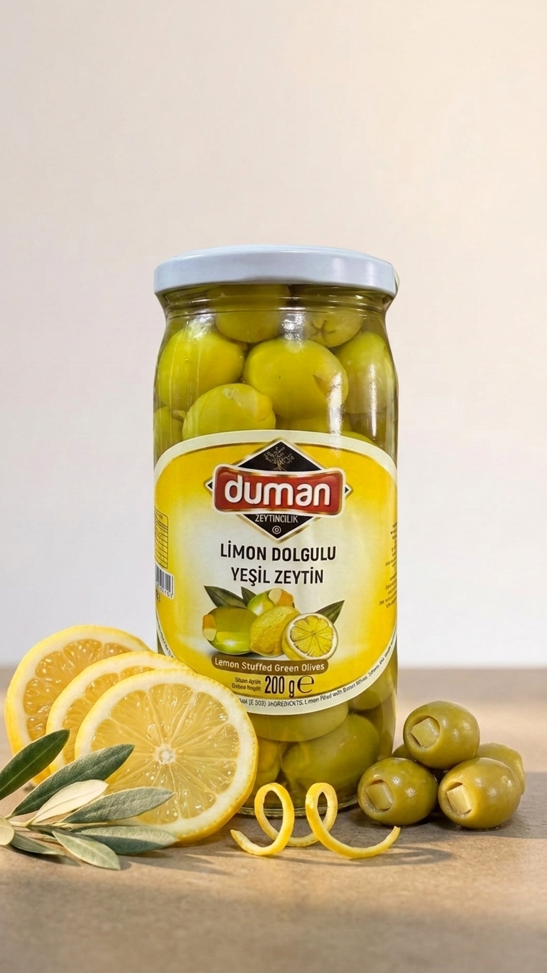 Limon Dolgulu Yeşil Zeytin 320cc Cam Kavanoz – Ferah Aromalı Yeşil Zeytin