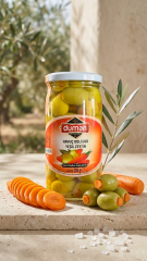 Havuç Dolgulu Yeşil Zeytin 320cc Cam Kavanoz – Hafif Tatlı Aromalı Gurme Zeytin
